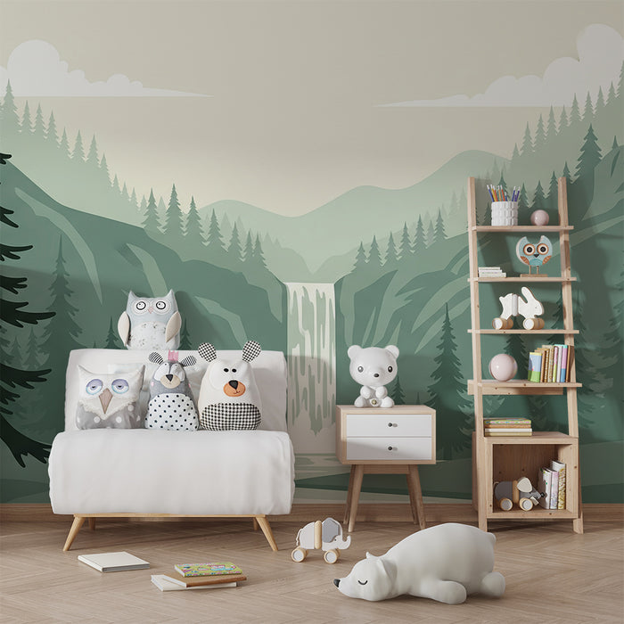 Kinderzimmer-Tapete | Berglandschaft mit Wasserfall und Nadelbäumen