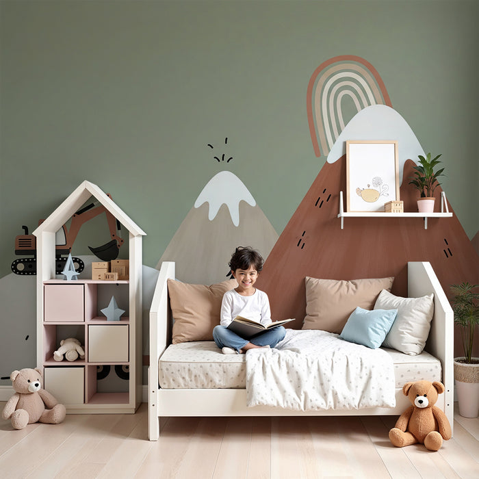 Papier peint chambre enfant | Paysage de montagne avec engins de chantier