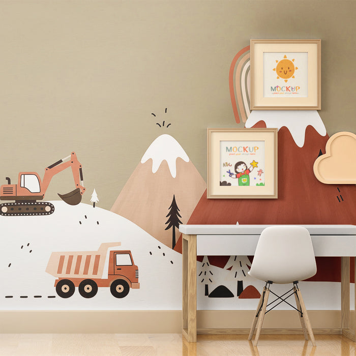 Papier peint chambre enfant | Paysage de montagne avec engins de chantier