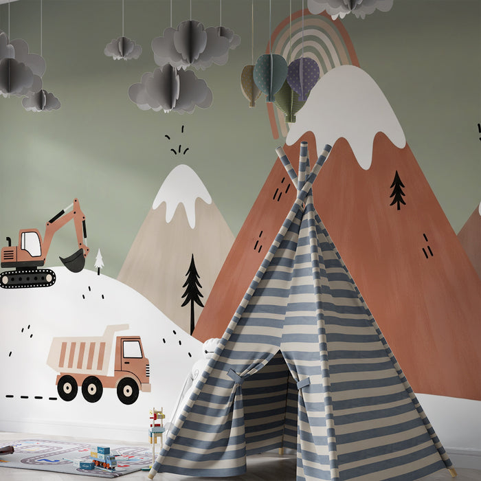 Papier peint chambre enfant | Paysage de montagne avec engins de chantier