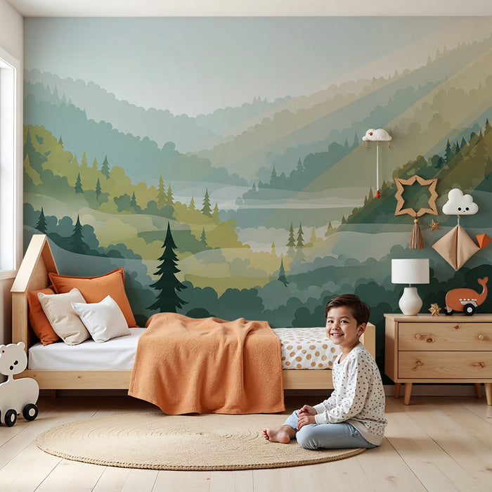 Kids room wallpaper | Mountain landscape with forests and rays of light