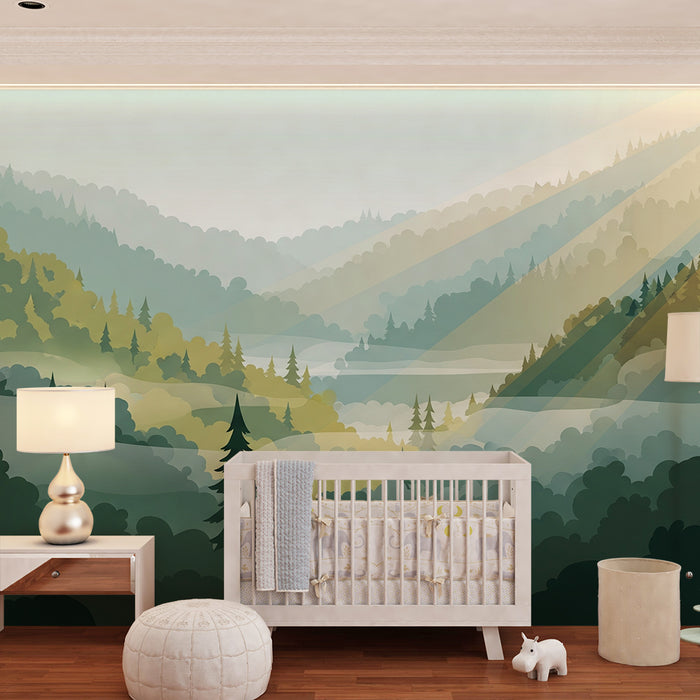 Kids room wallpaper | Mountain landscape with forests and rays of light