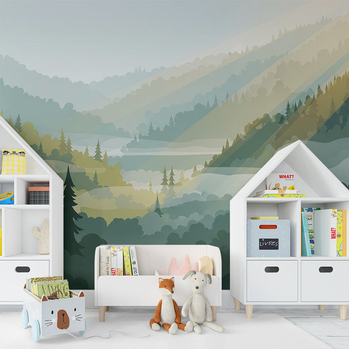 Kids room wallpaper | Mountain landscape with forests and rays of light