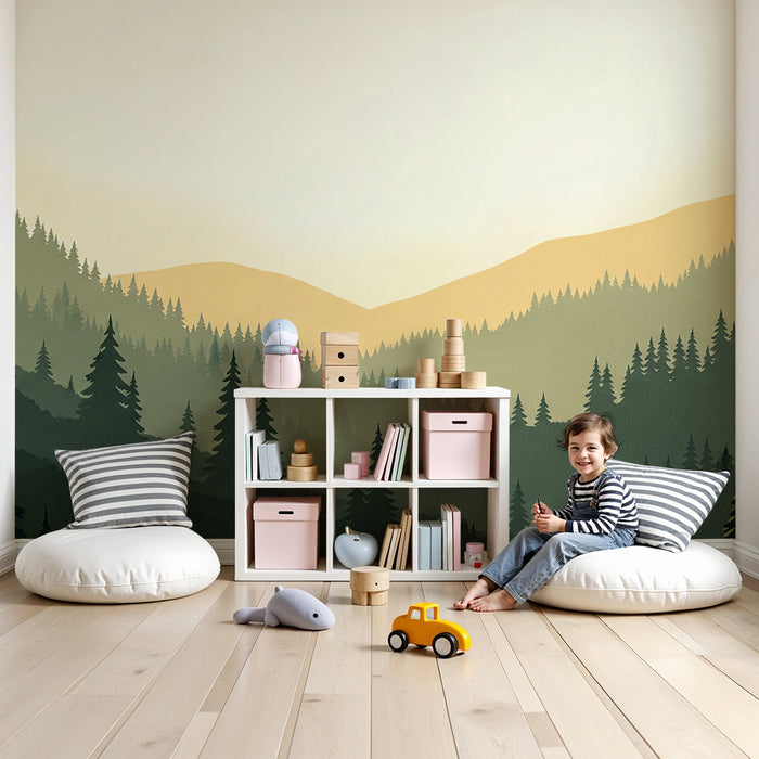 Kinderkamer behang | Berglandschap met weelderige bossen