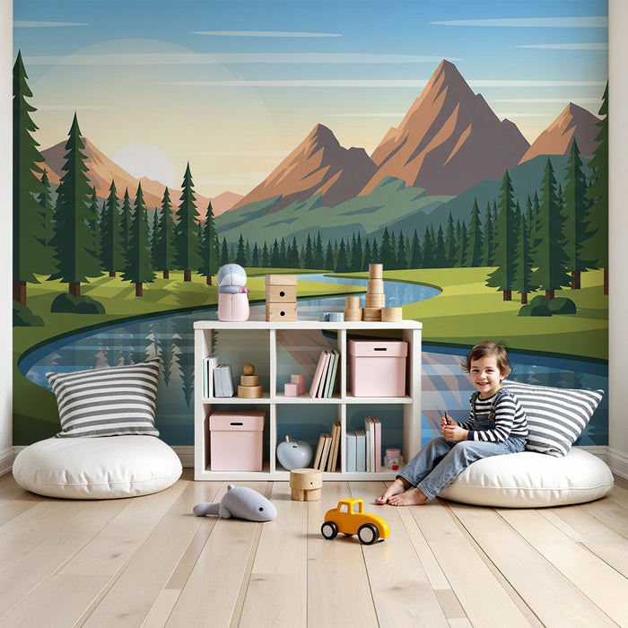 Tapet barnerom | Fjellandskap med elv og grønne skoger
