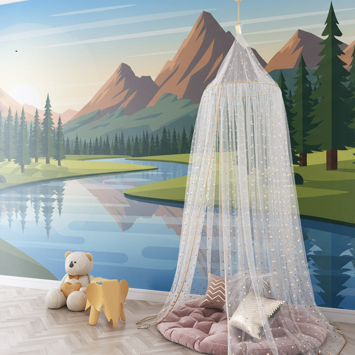 Tapet barnerom | Fjellandskap med elv og grønne skoger