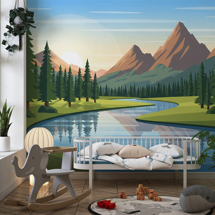 Tapet barnerom | Fjellandskap med elv og grønne skoger