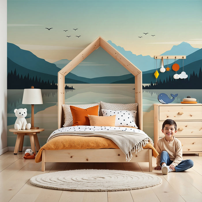 Kinderzimmer Tapete | Friedliche Berglandschaft mit Spiegelung im See