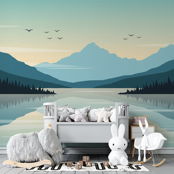 Kinderzimmer Tapete | Friedliche Berglandschaft mit Spiegelung im See