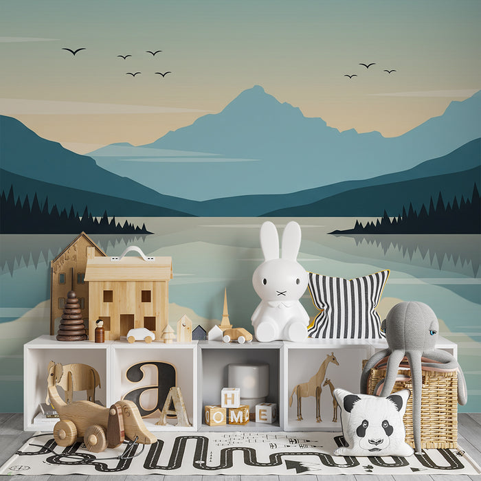 Kinderzimmer Tapete | Friedliche Berglandschaft mit Spiegelung im See