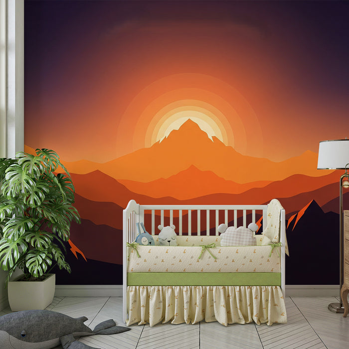 Dětská pokojová tapeta | Horský krajina při západu slunce v oranžovém přechodu