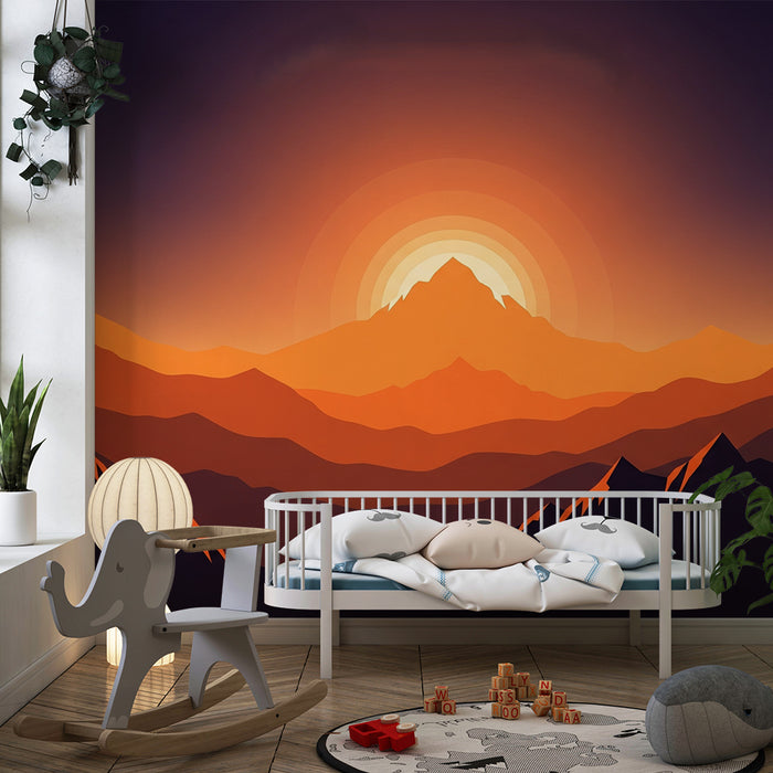 Dětská pokojová tapeta | Horský krajina při západu slunce v oranžovém přechodu