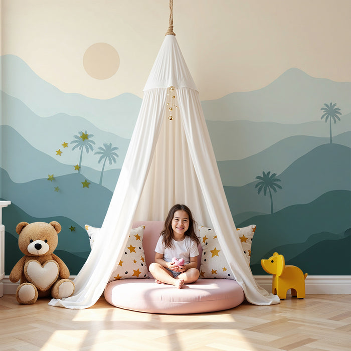 Tapety dla dzieci | Krajobraz górski i palmy w uspokajających tonacjach