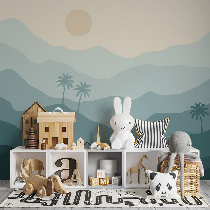 Tapety dla dzieci | Krajobraz górski i palmy w uspokajających tonacjach