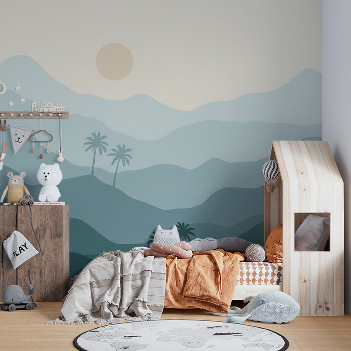 Tapety dla dzieci | Krajobraz górski i palmy w uspokajających tonacjach