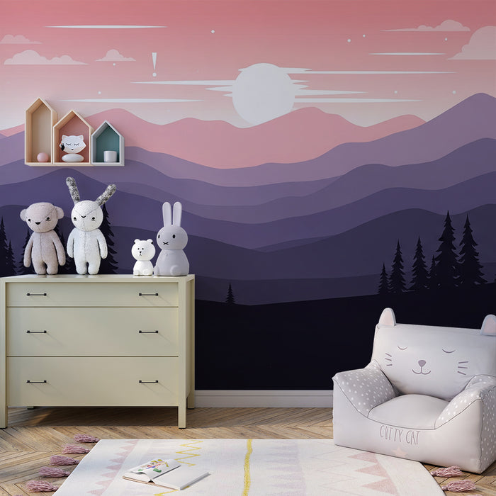 Tapet barnerom | Pastellfjellandskap ved solnedgang