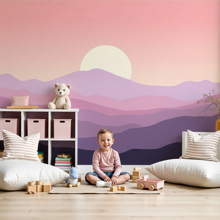 Kinderkamer behang | Pastelgebergte landschap bij zonsondergang