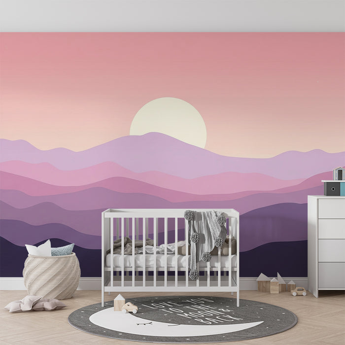 Kinderkamer behang | Pastelgebergte landschap bij zonsondergang