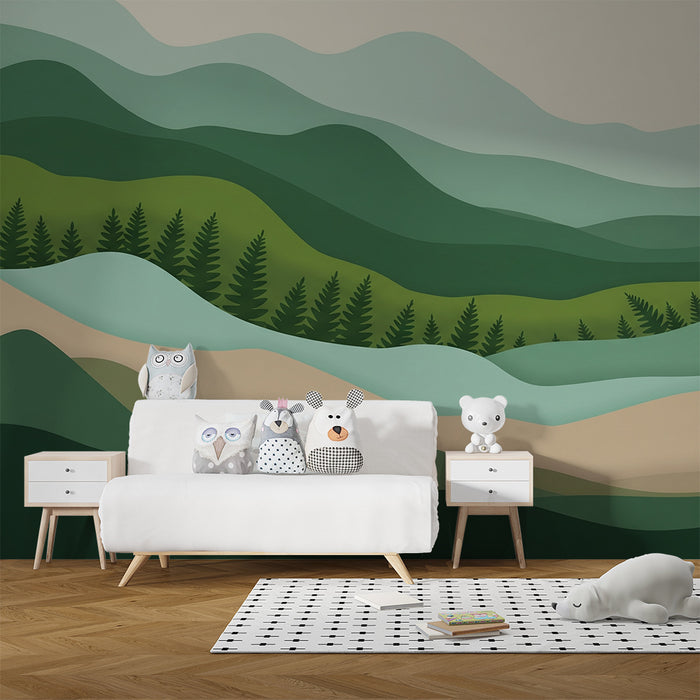 Barntapet | Stiliserad bergslandskap i gradient av grönt