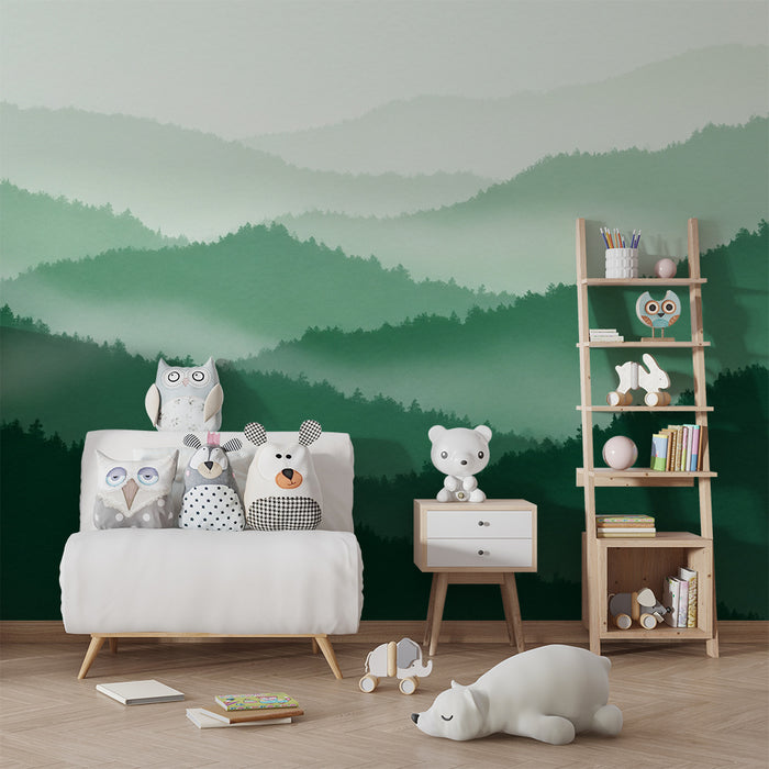 Kinderkamer behang | Groen berglandschap en rustgevende mist