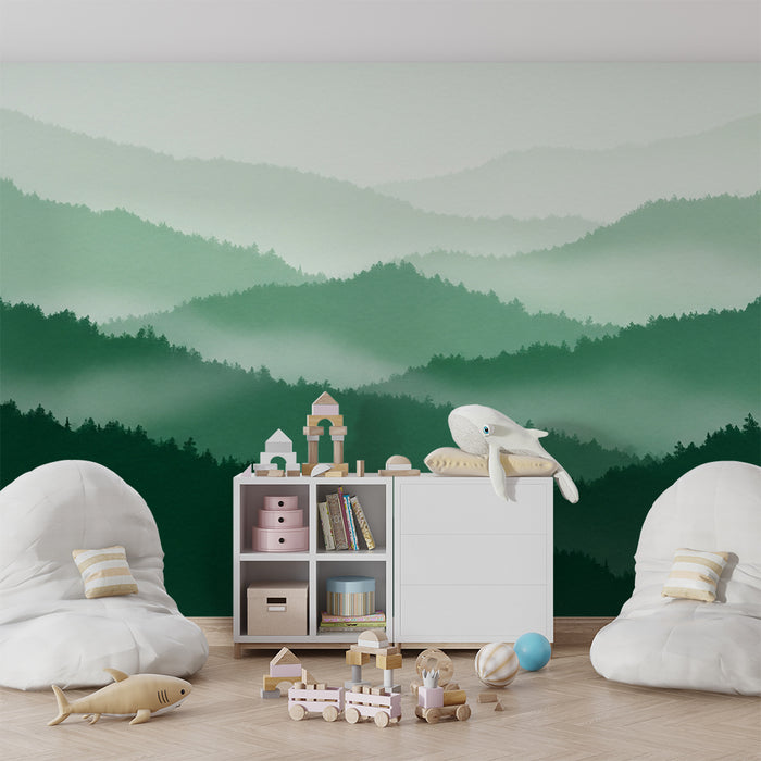 Kinderkamer behang | Groen berglandschap en rustgevende mist