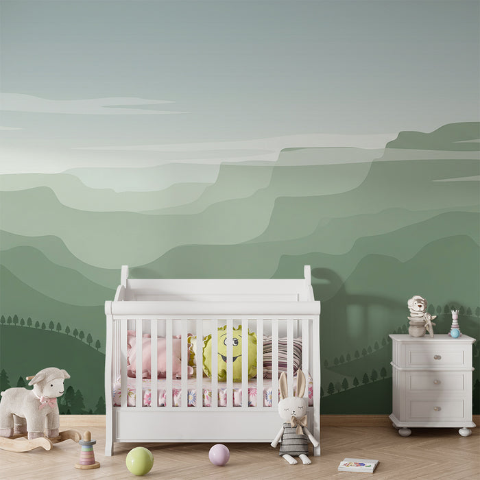 Kinderkamer behang | Groen en mistig berglandschap