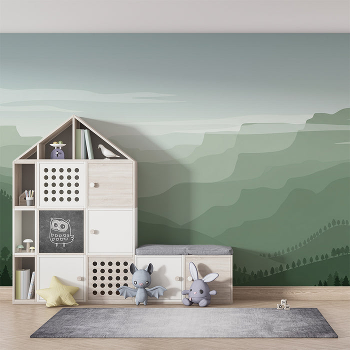 Kinderkamer behang | Groen en mistig berglandschap