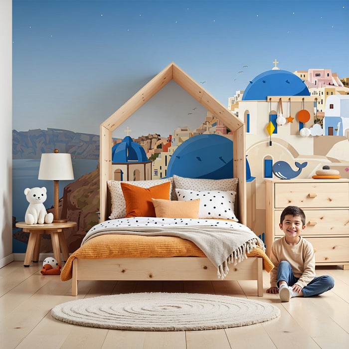 Papier peint chambre enfant | Paysage de Santorin avec dômes bleus et fleurs roses