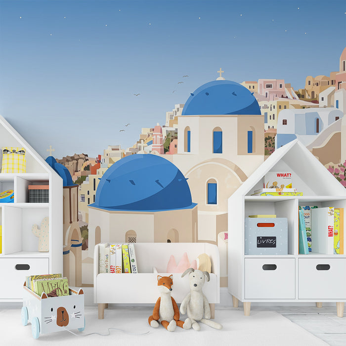 Papier peint chambre enfant | Paysage de Santorin avec dômes bleus et fleurs roses