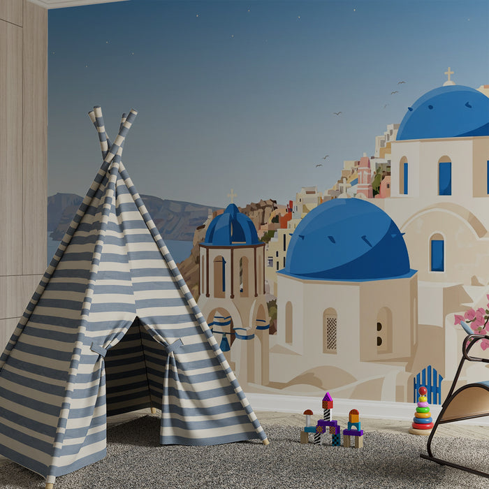 Papier peint chambre enfant | Paysage de Santorin avec dômes bleus et fleurs roses