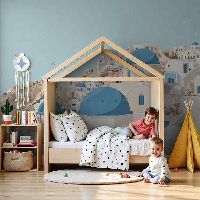 Papier peint chambre enfant | Paysage de Santorin avec maisons blanches et dômes bleus