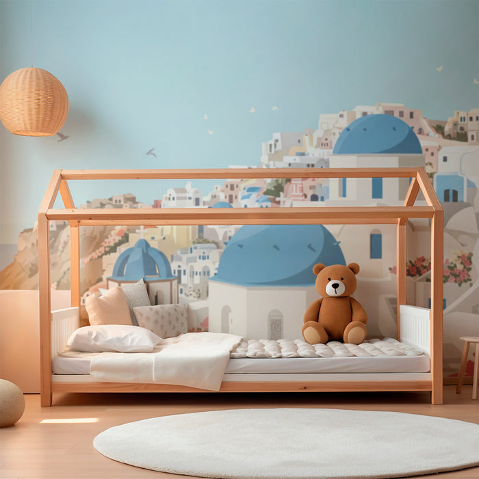Papier peint chambre enfant | Paysage de Santorin avec maisons blanches et dômes bleus