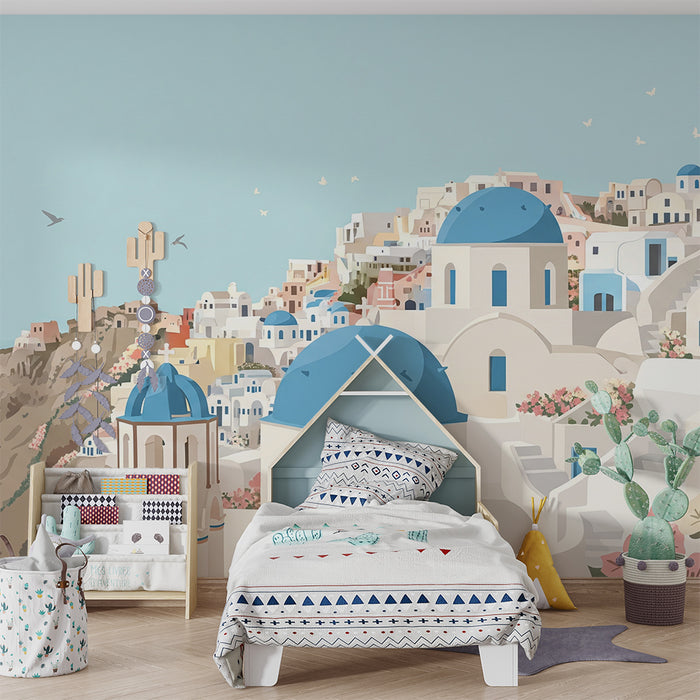 Papier peint chambre enfant | Paysage de Santorin avec maisons blanches et dômes bleus