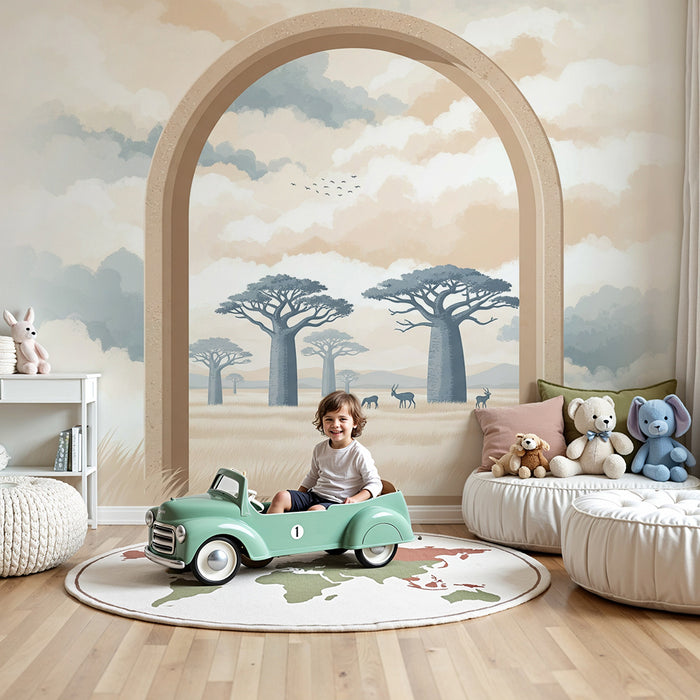 Carta da parati per camera bambini | Paesaggio savana con baobab e animali