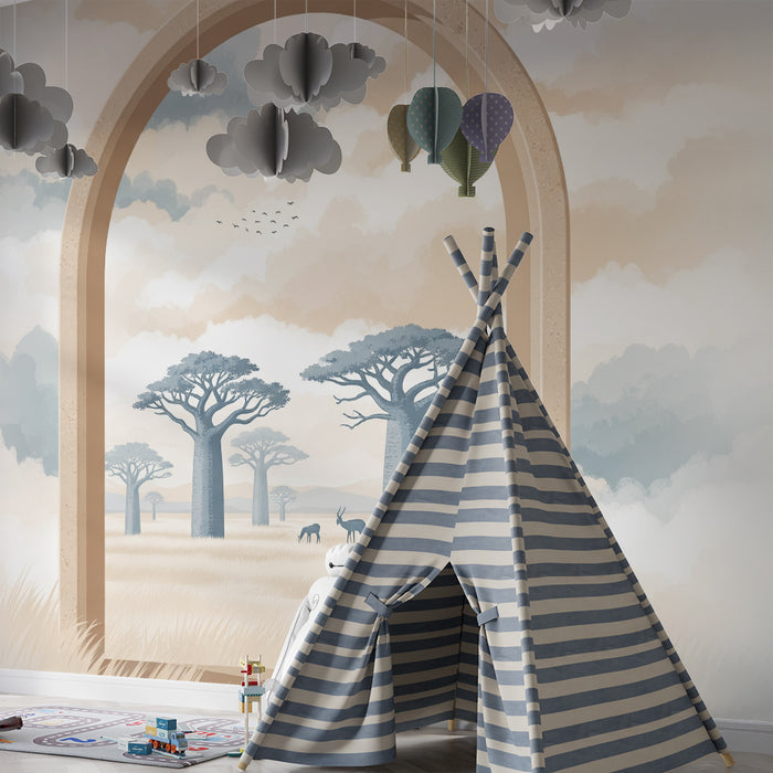 Carta da parati per camera bambini | Paesaggio savana con baobab e animali