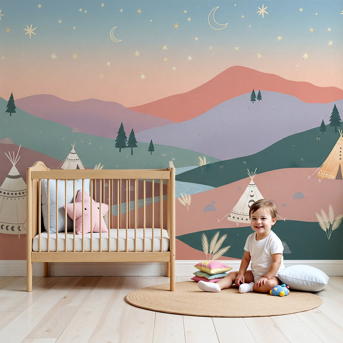 Papel de parede criança | Paisagem de tendas e céu estrelado ao entardecer