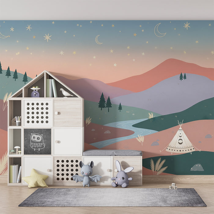 Papel de parede criança | Paisagem de tendas e céu estrelado ao entardecer