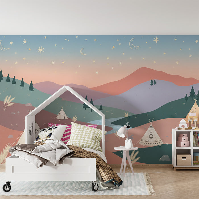 Papel de parede criança | Paisagem de tendas e céu estrelado ao entardecer