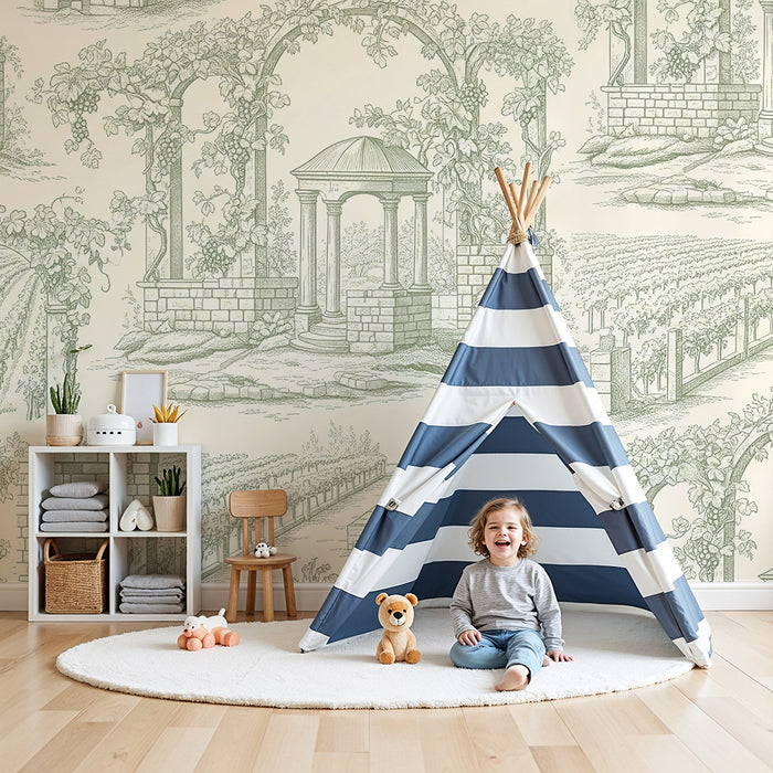 Behang voor de kinderkamer | Landschap met wijngaarden en romantische bogen in toile-de-jouy-stijl