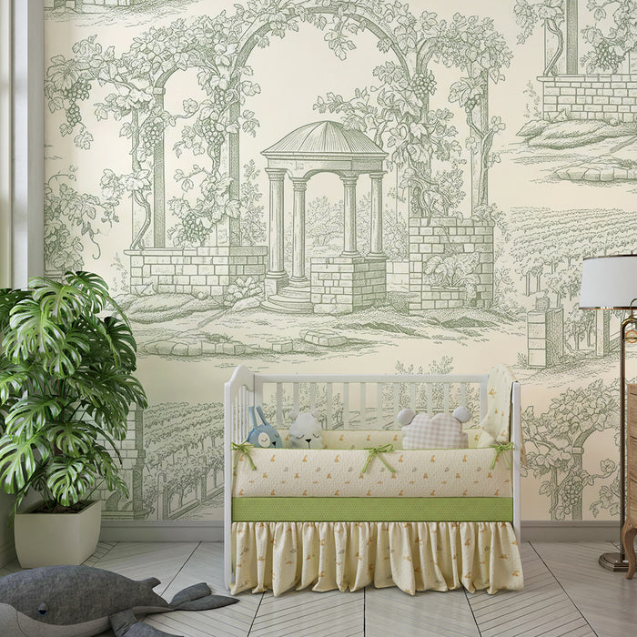 Behang voor de kinderkamer | Landschap met wijngaarden en romantische bogen in toile-de-jouy-stijl