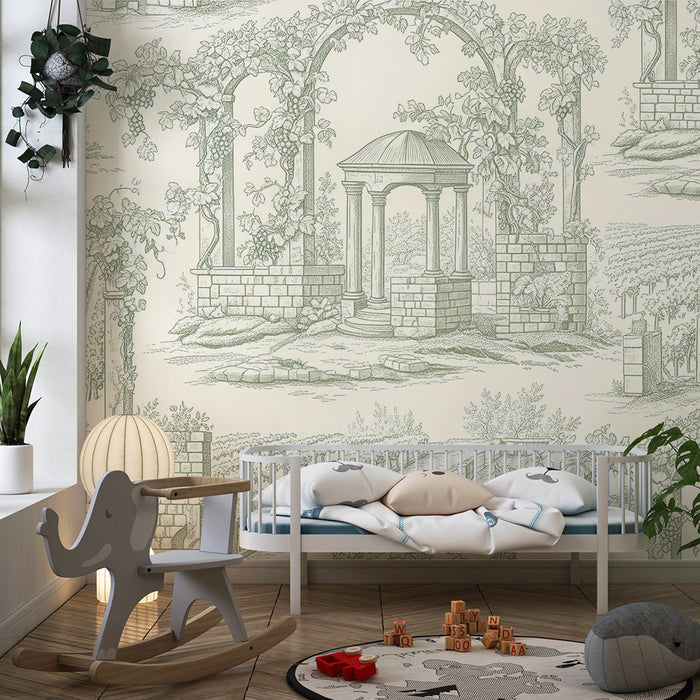 Behang voor de kinderkamer | Landschap met wijngaarden en romantische bogen in toile-de-jouy-stijl