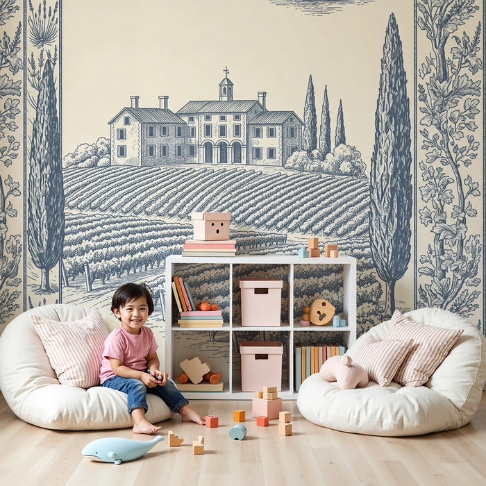 Papel pintado infantil | Paisaje de viñedo con casa y ciprés