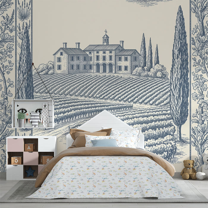 Papel pintado infantil | Paisaje de viñedo con casa y ciprés