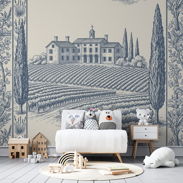 Papel pintado infantil | Paisaje de viñedo con casa y ciprés