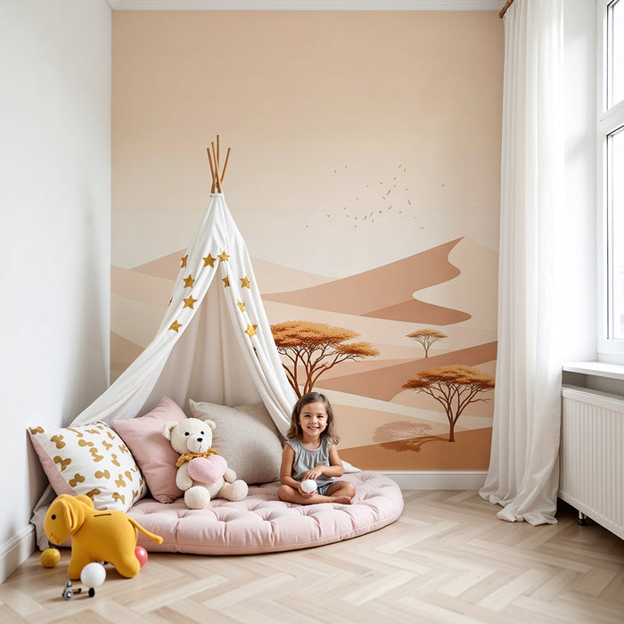 Papier peint chambre enfant | Paysage désertique apaisant avec dunes et arbres