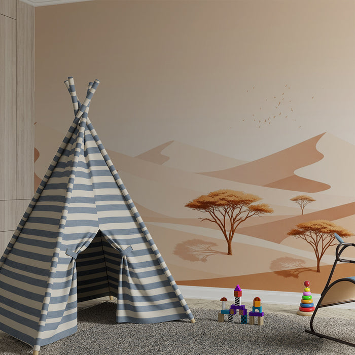 Papier peint chambre enfant | Paysage désertique apaisant avec dunes et arbres