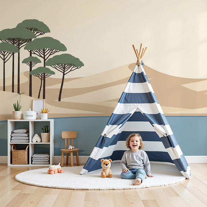Children's bedroom wallpaper | Desert landscape with trees and calming lake