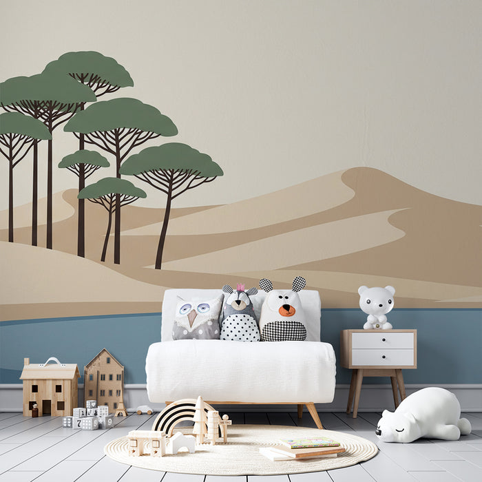 Children's bedroom wallpaper | Desert landscape with trees and calming lake