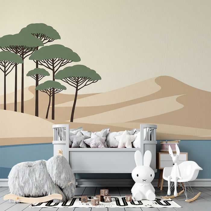 Children's bedroom wallpaper | Desert landscape with trees and calming lake