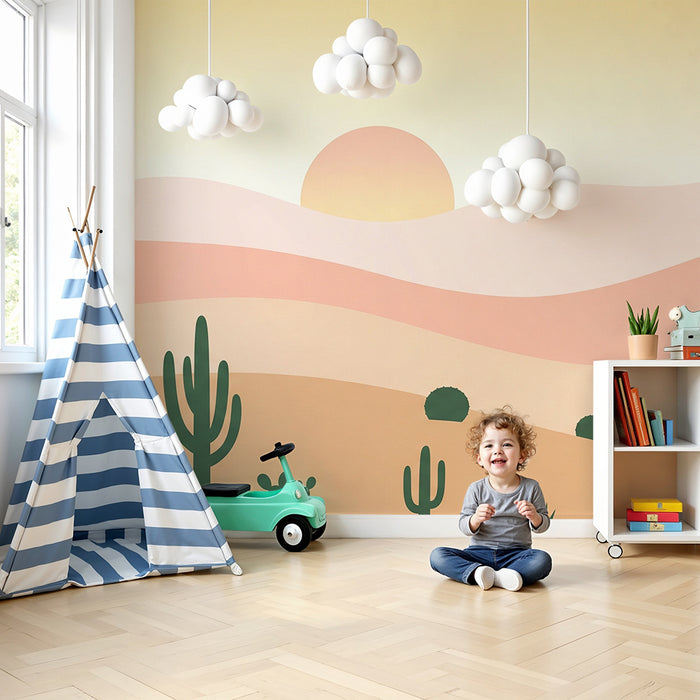 Kinderkamer behang | Woestijnlandschap met cactussen en pastel zonsondergang